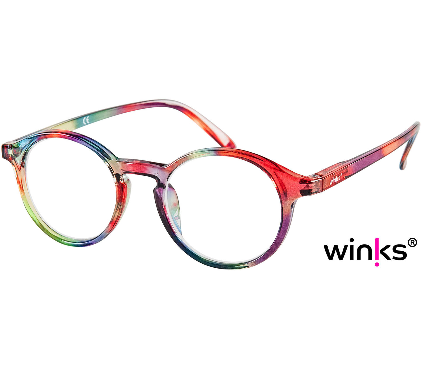 Oskar (Multi-coloured) unisex reading glasses with large round lenses and a glossy multi-coloured frame.