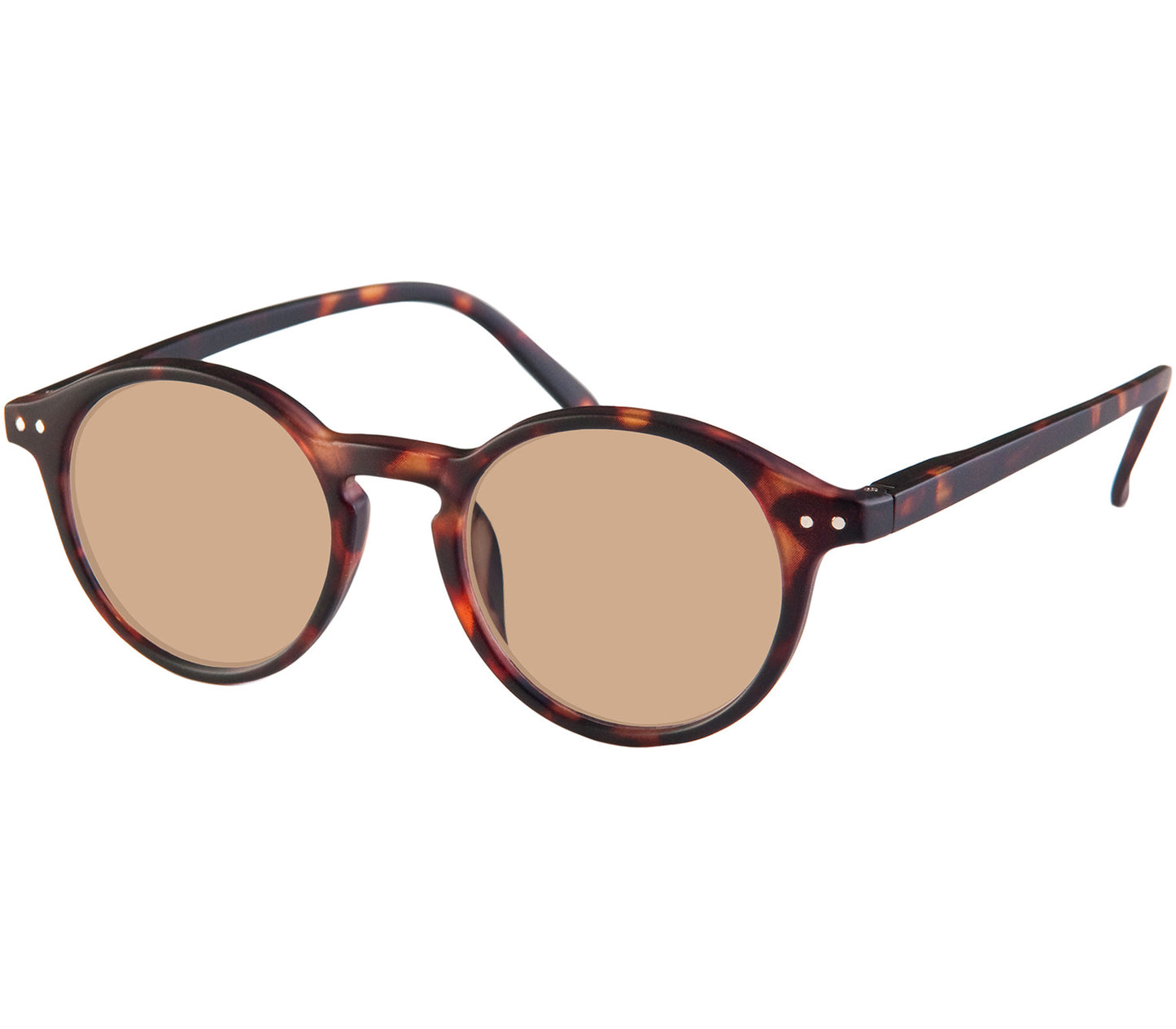 Palma (Tortoiseshell) round lens retro reading sunglasses with a slender, dark tortoiseshell frame and brown tinted lenses.