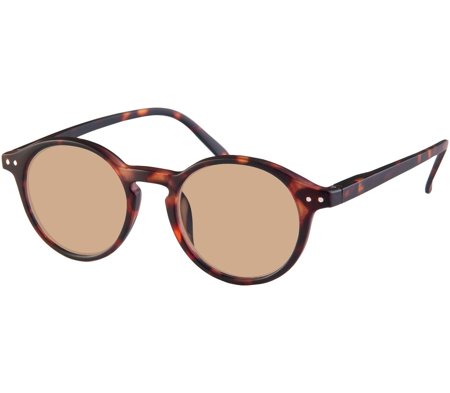 Palma (Tortoiseshell) round lens retro reading sunglasses with a slender, dark tortoiseshell frame and brown tinted lenses.