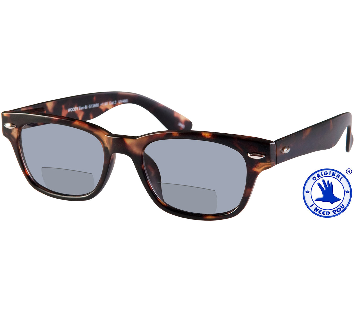 Skyline (Black) retro shape tortoiseshell, bifocal reading glasses. Smoke grey tinted lenses and chunky arms.