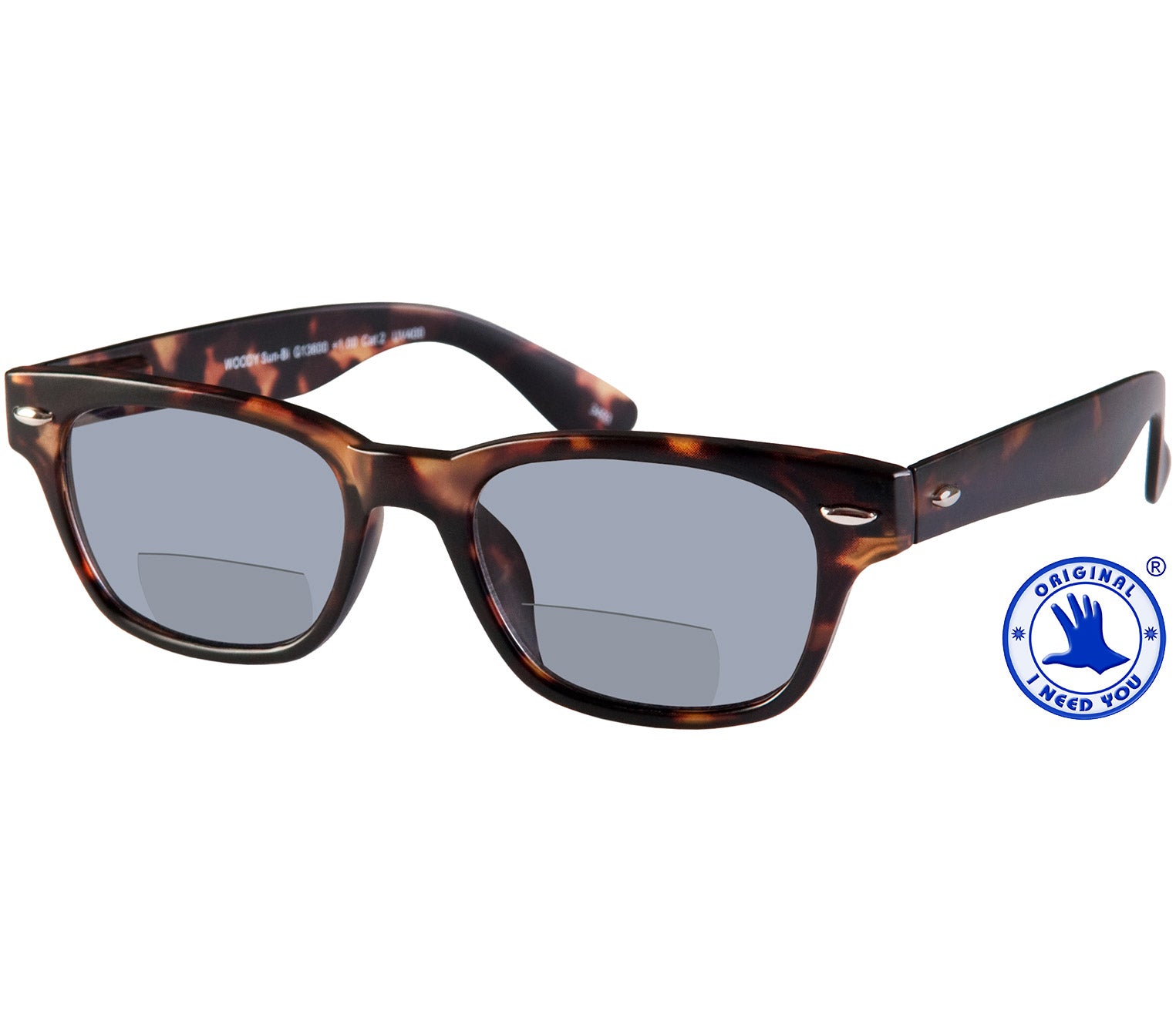 Skyline (Black) retro shape tortoiseshell, bifocal reading glasses. Smoke grey tinted lenses and chunky arms.