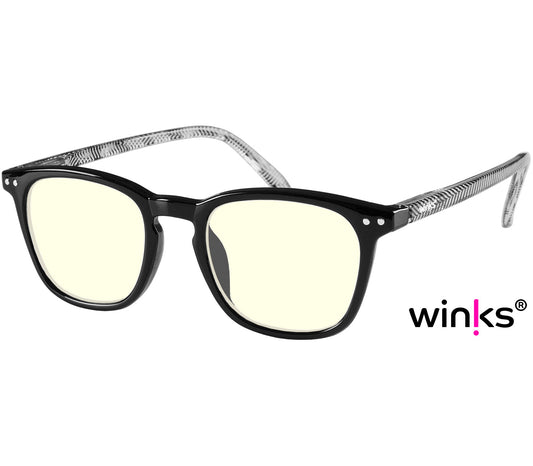 Helix (Black) retro shaped blue light reading glasses with black frames and chevron patterned arms.