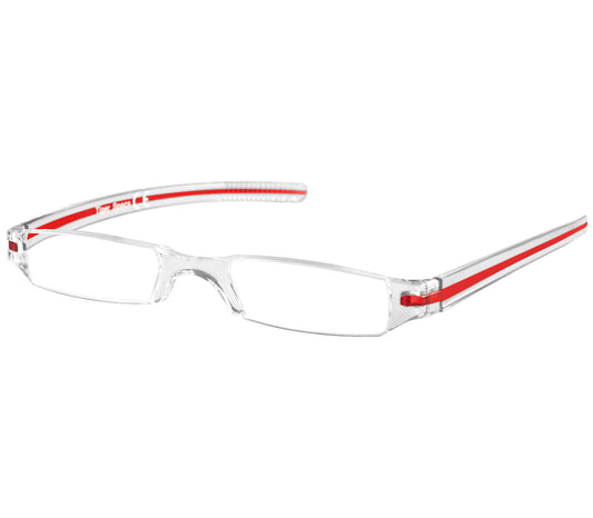 Soda (Red) sleek, compact and ultra lightweight reading glasses with clear frames and red detailed temples.