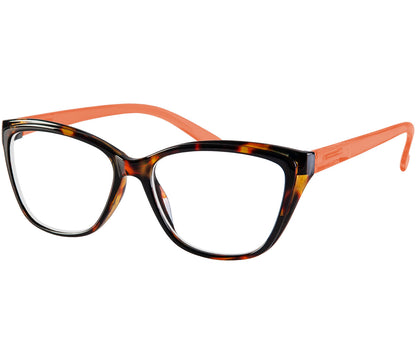Opera (Tortoiseshell) women's cat eye shaped, two tone reading glasses. Tortoiseshell frame and orange temples.