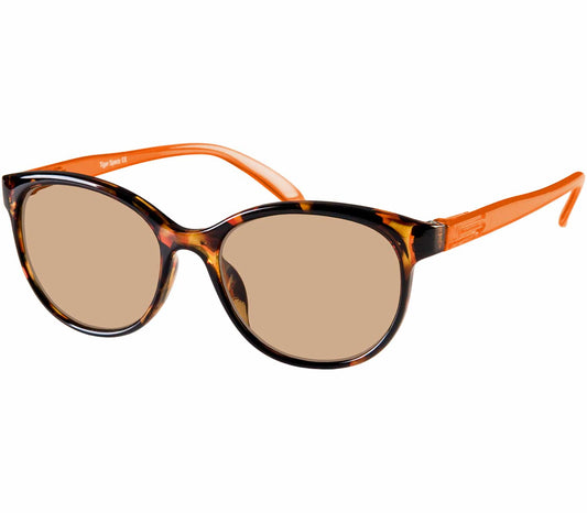 Naomi (Orange) women's cat eye sunglasses with tortoiseshell frame and orange temples. Round brown tinted lenses.