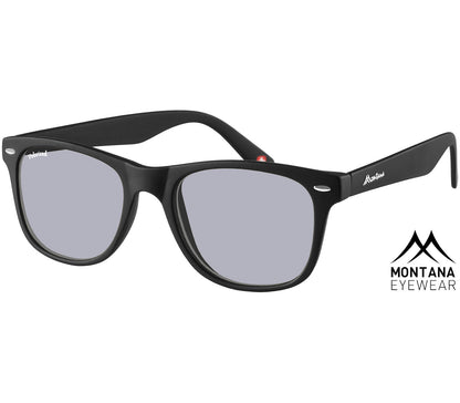 Oasis (Black) classic black wayfarer sunglasses with large, smoke grey tinted lenses.