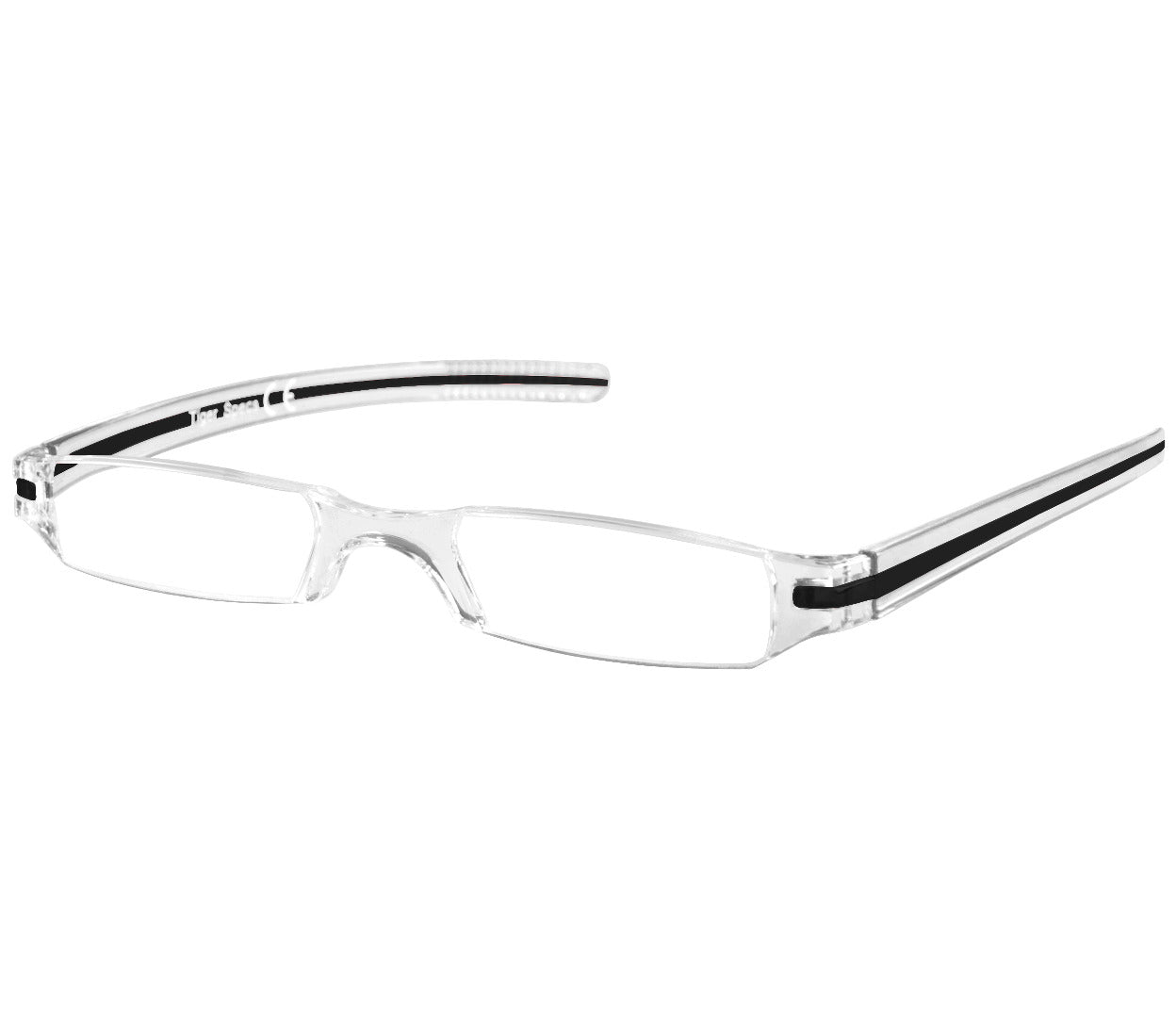 Soda (Black) sleek, compact and ultra lightweight reading glasses with clear frames and black detailed temples.