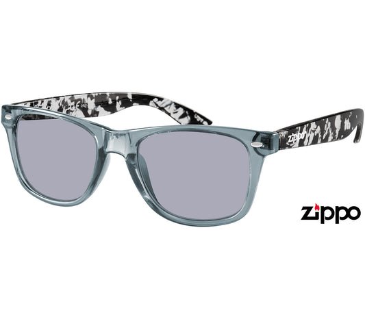 Spectrum (Grey) wayfarer sunglasses with oval smoke grey lenses and black and white patterned arms.