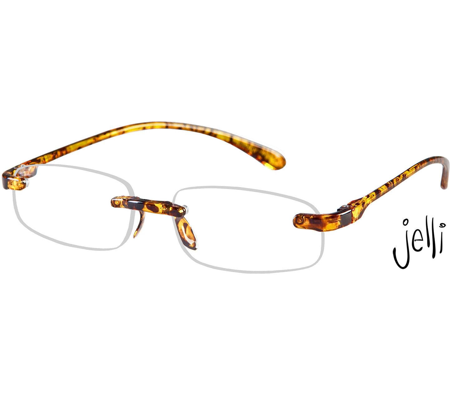 Jelli (Tortoiseshell) rimless, slim reading glasses with semi-translucent, tortoiseshell arms and bridge.
