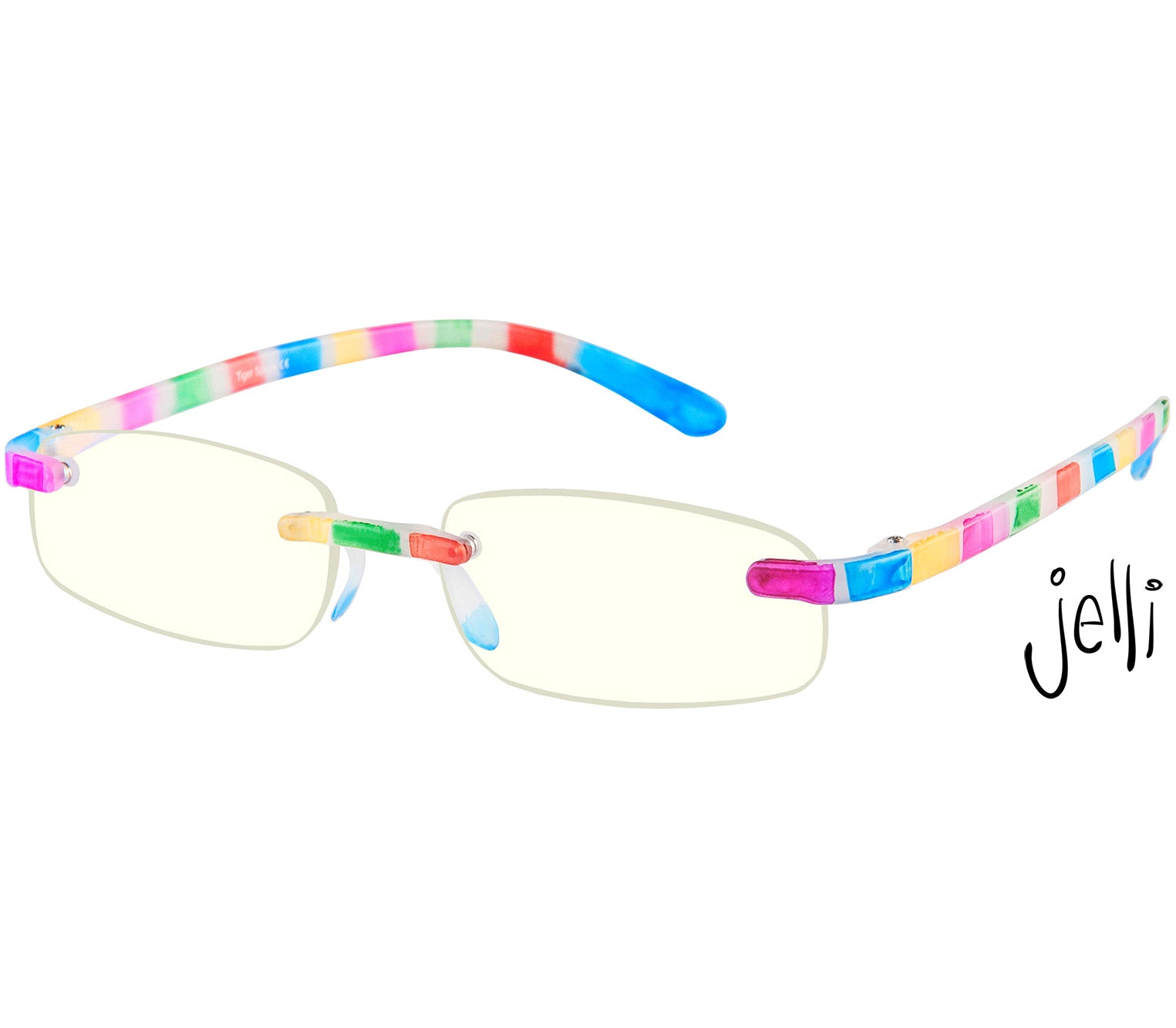 Jelli Digital (Multi-coloured) rimless, slim reading glasses with semi translucent, multicoloured arms and bridge.