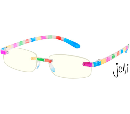 Jelli Digital (Multi-coloured) rimless, slim reading glasses with semi translucent, multicoloured arms and bridge.