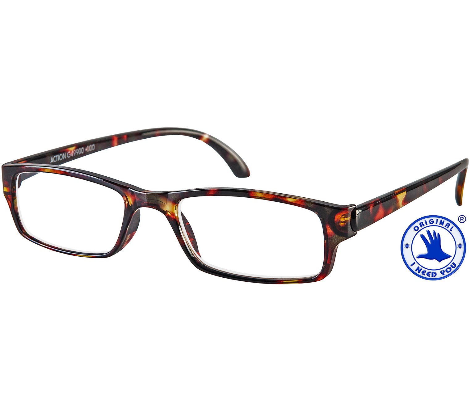 Action (Tortoiseshell) unisex reading glasses. Classic shaped glasses with a tortoiseshell translucent finish.
