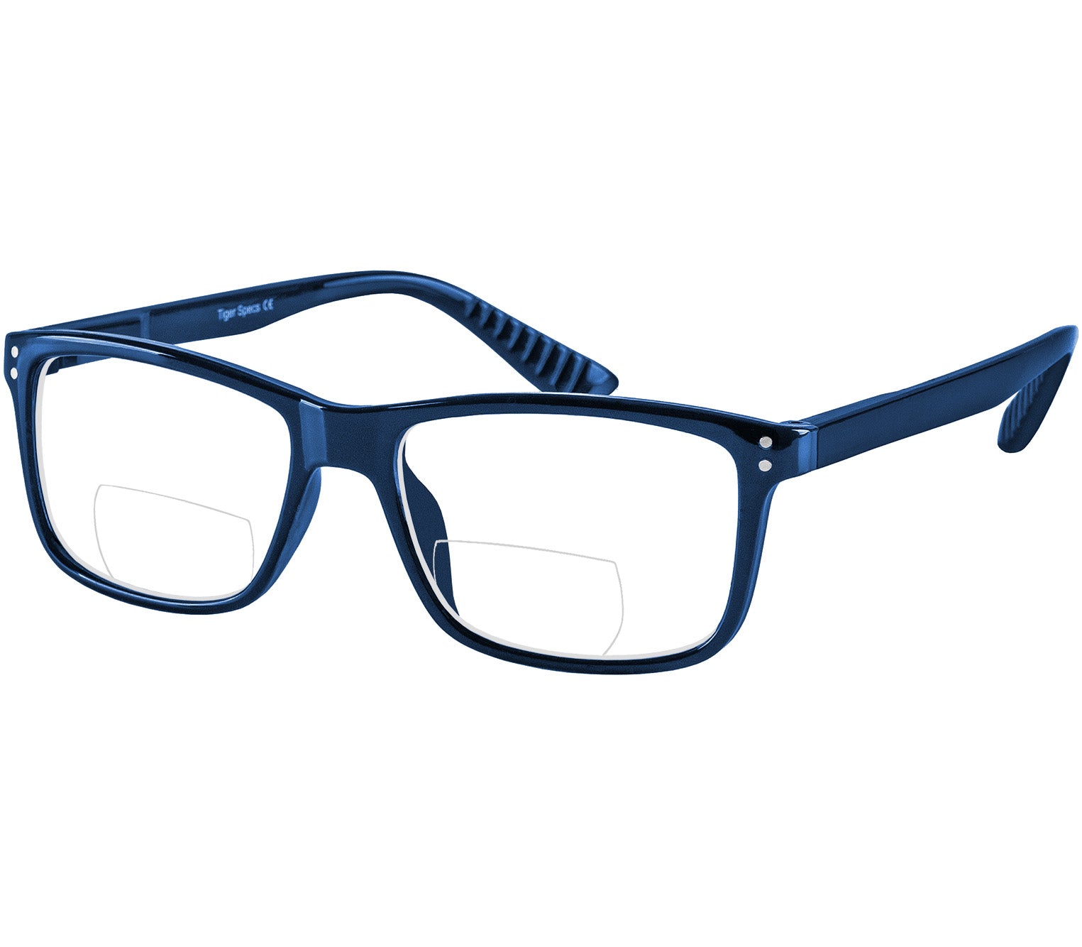 Dexter Bifocal (Blue) bifocal unisex reading glasses. Dark blue frames with a glossy finish.