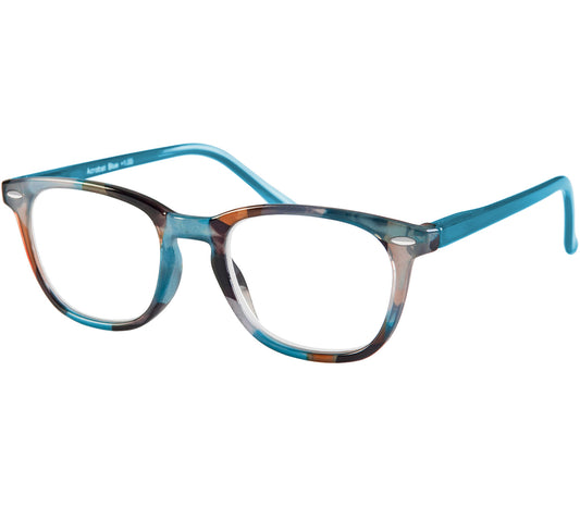 Acrobat (Blue) Reading Glasses. Unisex, retro shape with large oval lenses and blue pattern.