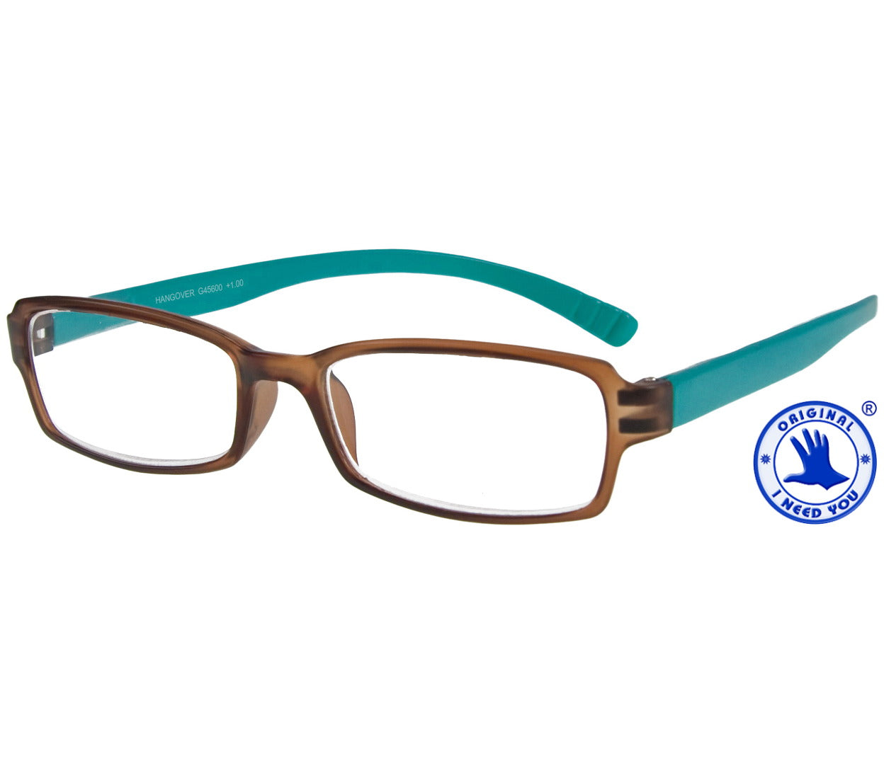 Hangover (Brown) unisex reading glasses with long arms for hanging around your neck. Turquoise arms and contrasting brown frames.