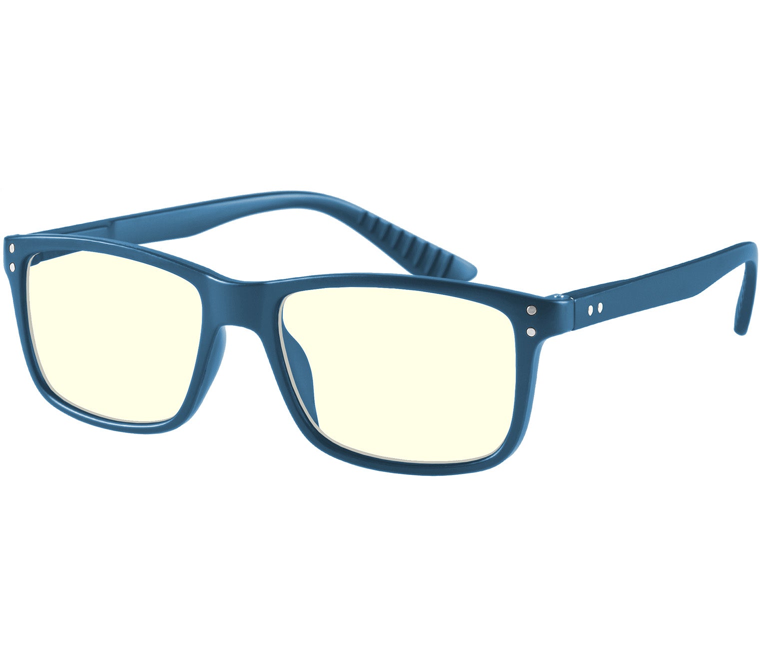 Austin (Blue) classic shaped, unisex blue light glasses. Deep blue frames with soft touch finish and rivet details.