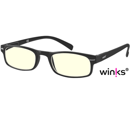 London Digital (Black) classic rectangular and slim unisex blue light reading glasses in a glossy black finish.