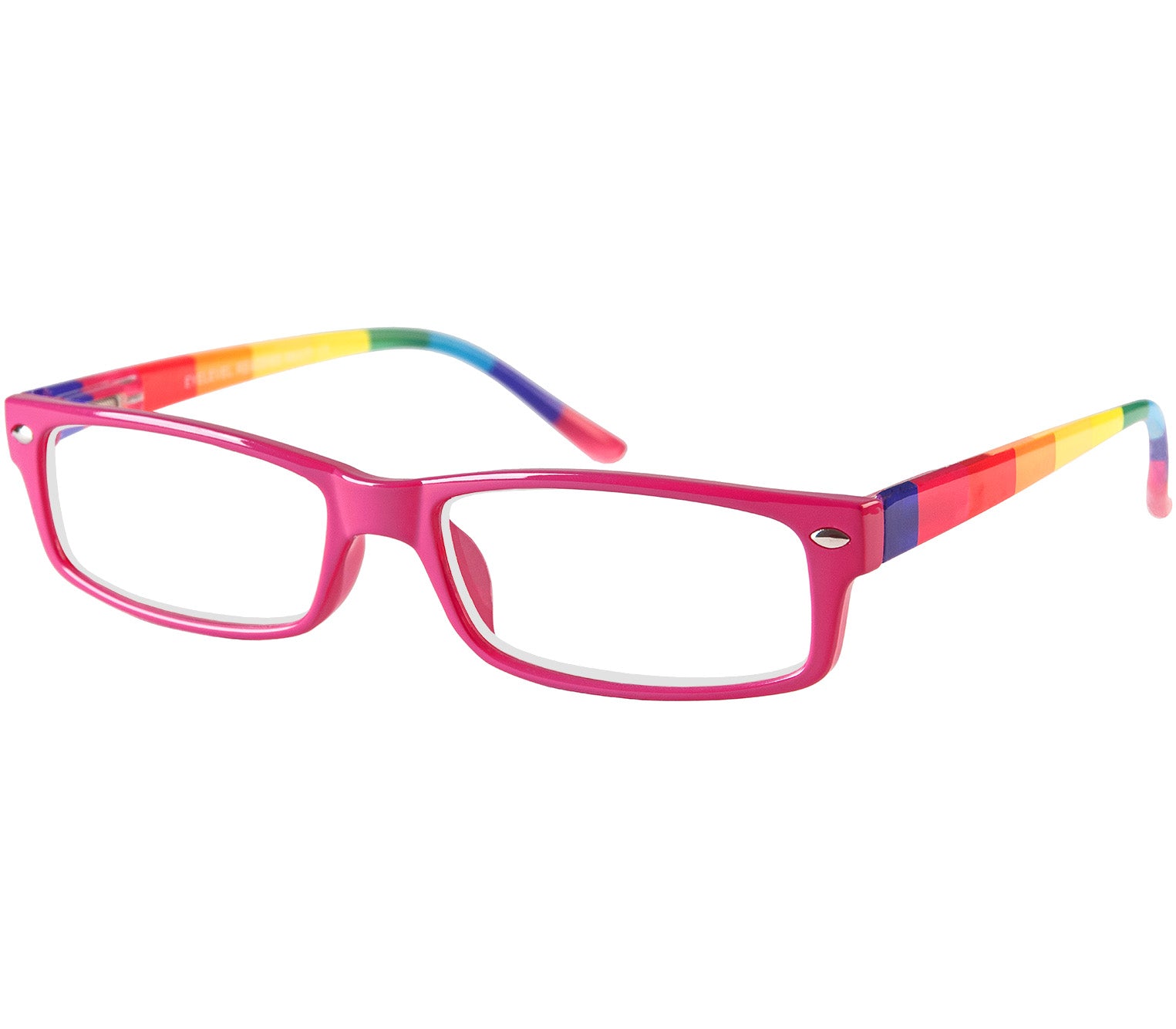 Prism (Multi-coloured) slim womens reading glasses with rectangular lenses. Bright pink frames and rainbow striped arms.
