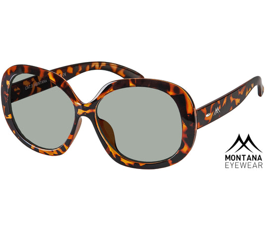 Bella (Tortoiseshell) oversized retro sunglasses with large round green tinted lenses. Rivet details and a glossy tortoiseshell frame.