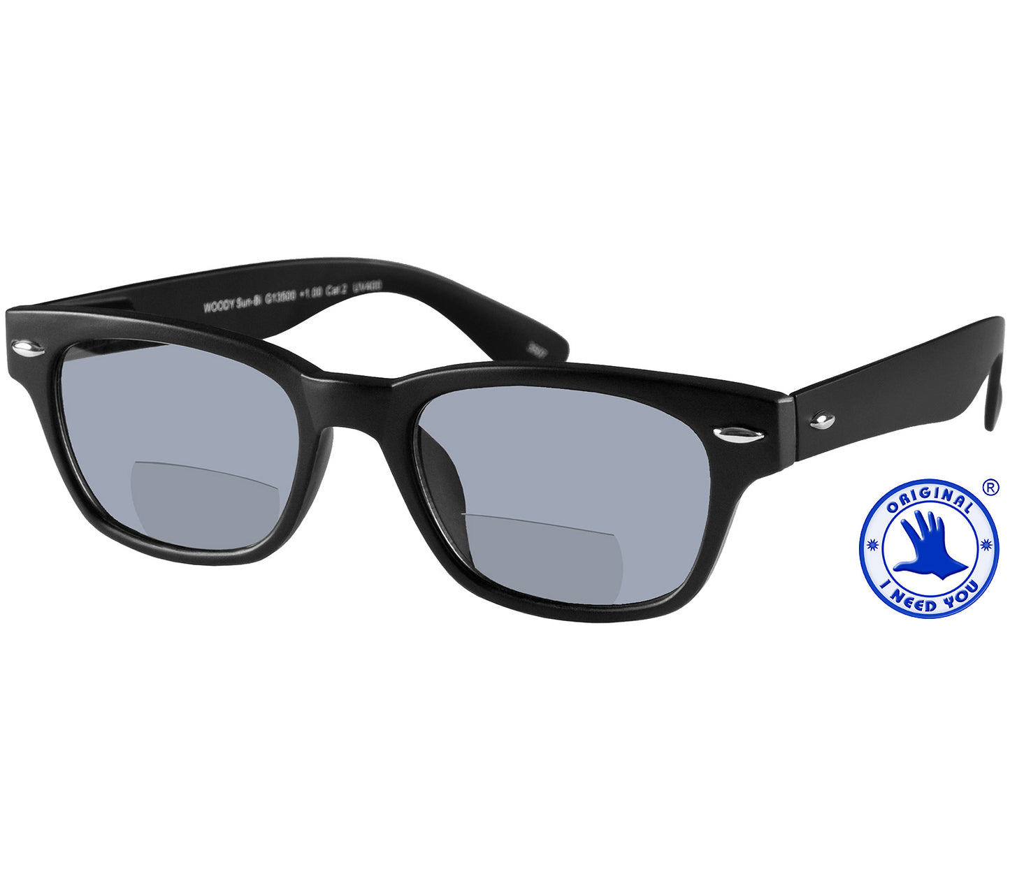 Skyline (Black) retro shape black, bifocal reading glasses. Smoke grey tinted lenses and chunky arms.