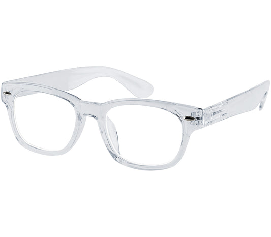 Woody (Clear) retro wayfarer style reading glasses with a glossy clear frame and rivet details.
