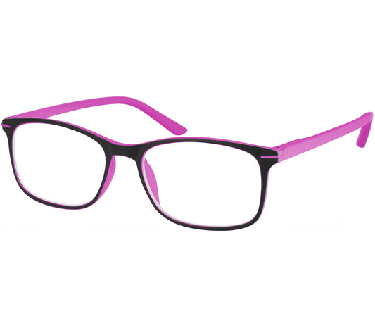 Jazz (Pink) classic shape reading glasses with rectangular lenses in a two tone pink and black frame.