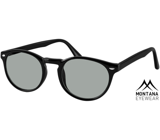 Ashton (Black) retro style sunglasses with a slender frame and green tinted lenses.