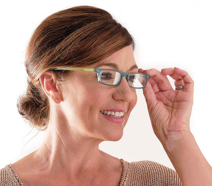 Female model wearing Jam (Black) slender, rectangular unisex reading glasses with extra long arms to hang around your neck when not in use.