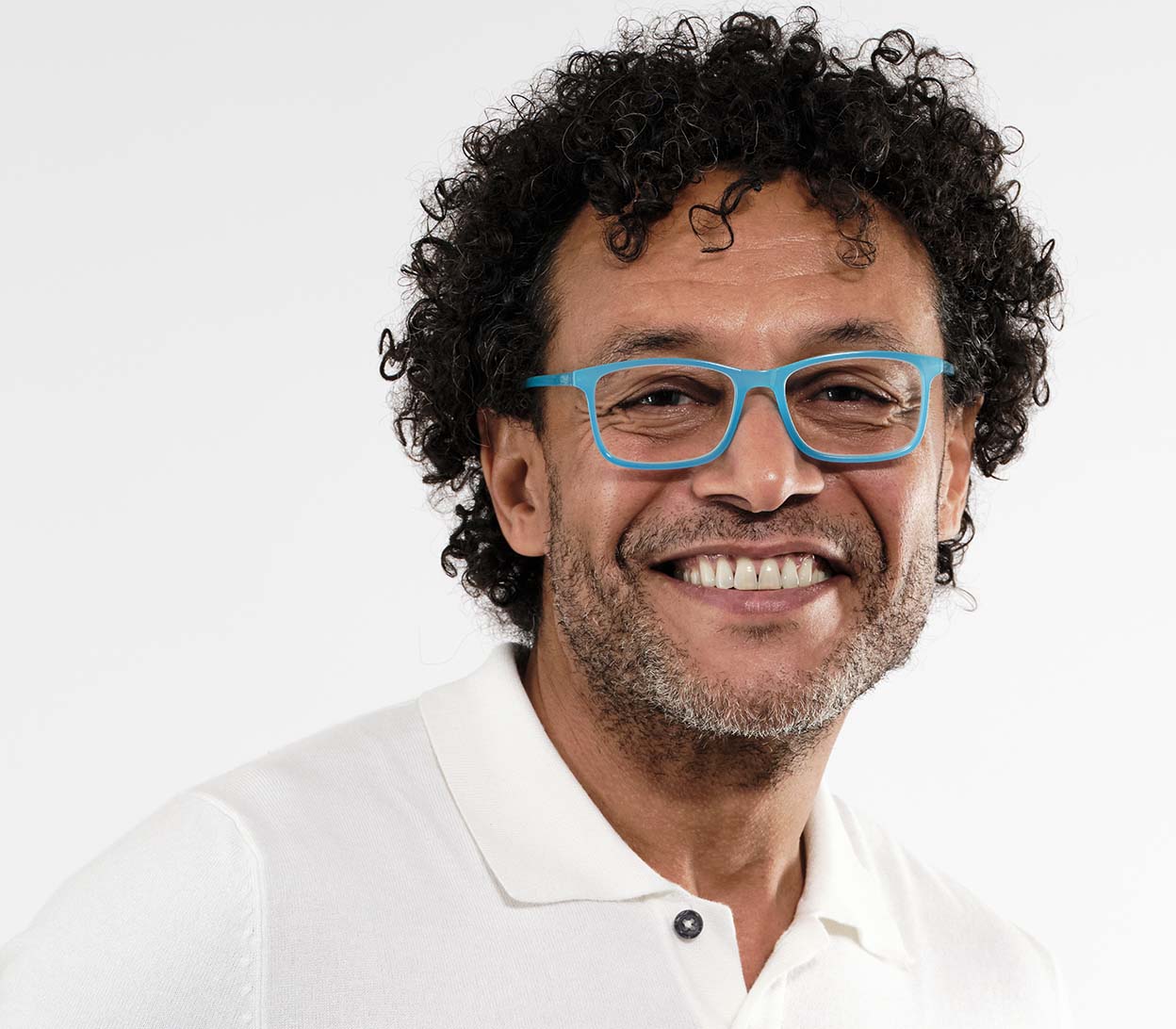 Male model wearing Sundae (Blue) classic shaped unisex reading glasses with a light slender frame and rectangular lenses.