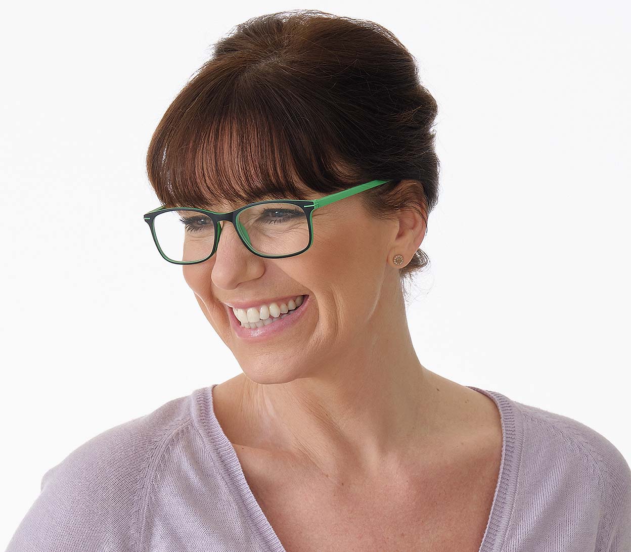 Female model wearing Jazz (Green) classic shape reading glasses with rectangular lenses in a two tone green and black frame.