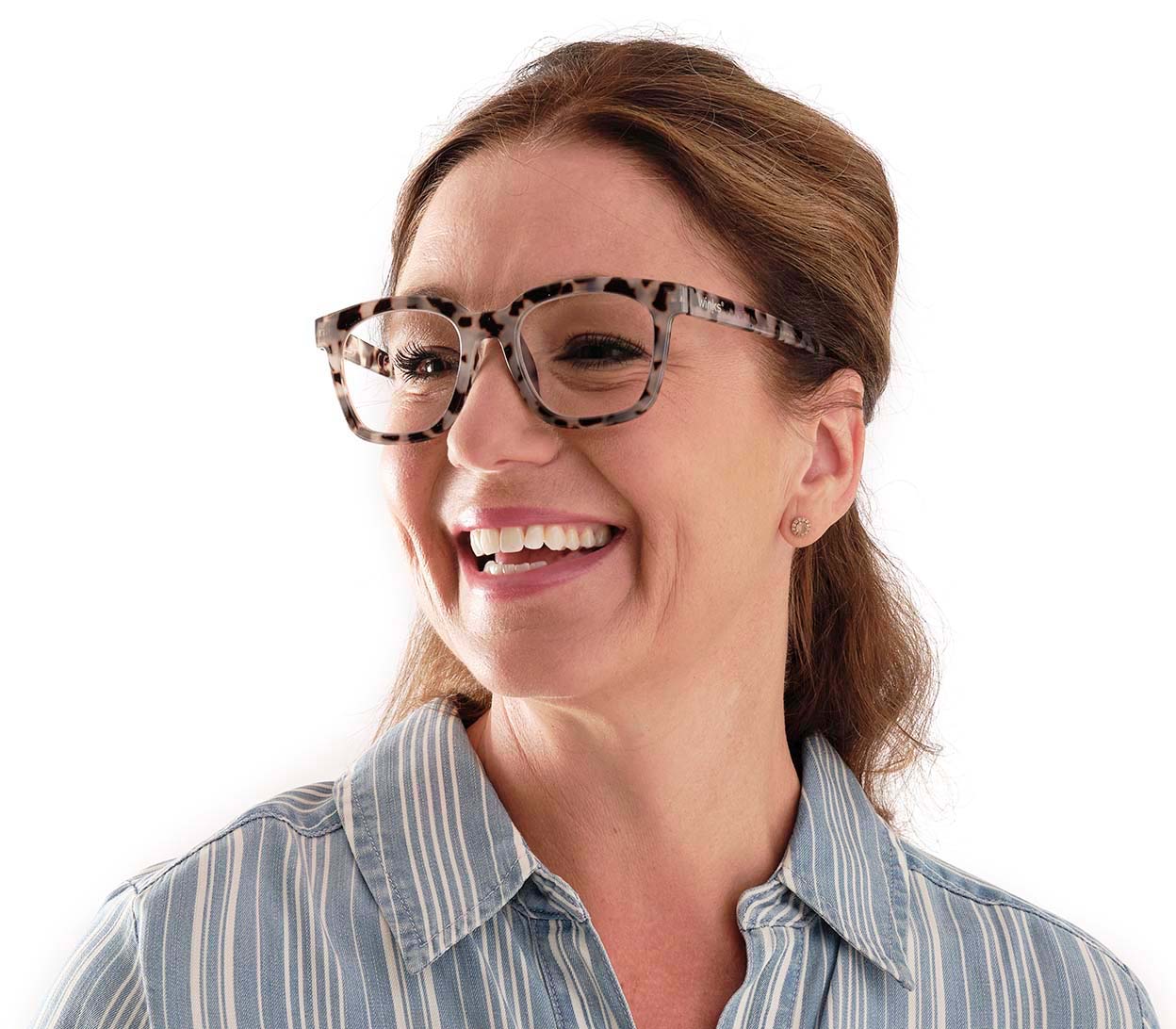 Female model wearing Toast (Grey Tortoise) retro grey tortoiseshell reading glasses with large, oversized lenses and slender temples.