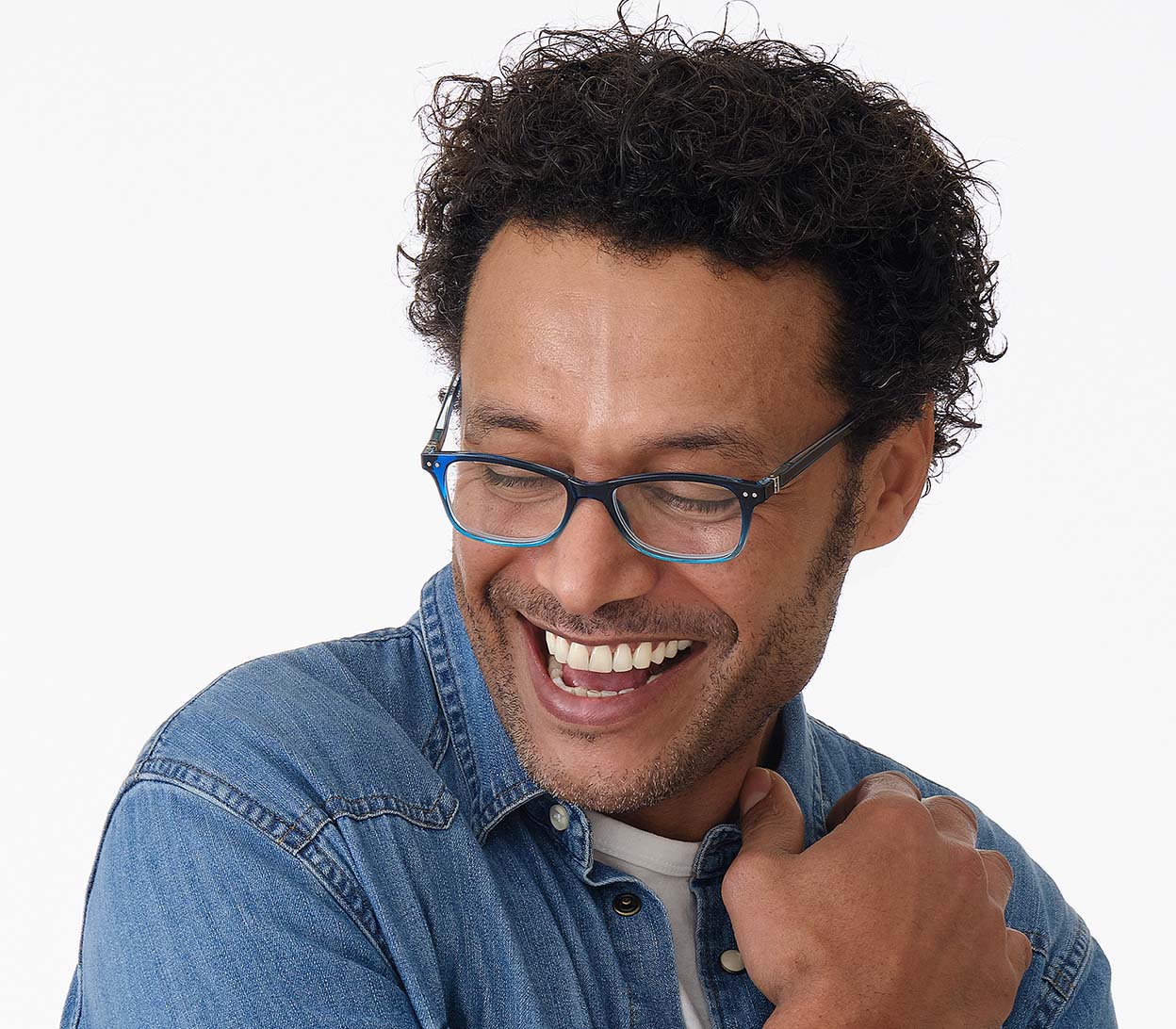 Male model wearing Penguin (Blue) classic vintage style, unisex reading glasses with a two tone blue frame.