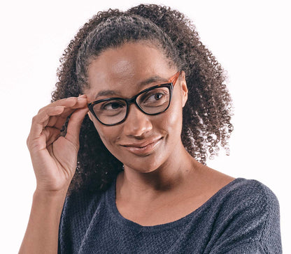 Opera (Tortoiseshell) women's cat eye shaped, two tone reading glasses. Tortoiseshell frame and orange temples.