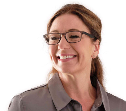 Female model wearing Metro (Grey) classic unisex reading glasses with oval lenses in a two tone grey and black frame.