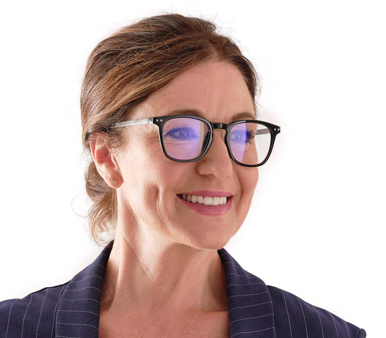 Female model wearing Helix (Black) retro shaped blue light reading glasses with black frames and chevron patterned arms.