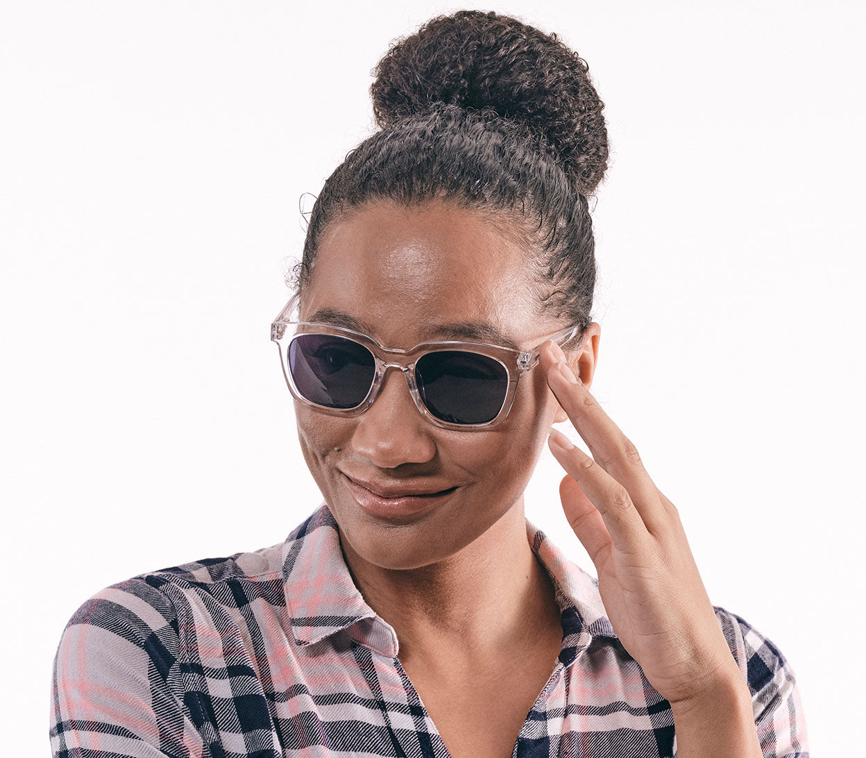 Pisa (Clear) large, oversized retro style, bifocal reading sunglasses. Clear frame and tinted smoke grey lenses. Front view.