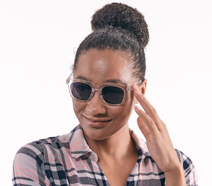 Pisa (Clear) large, oversized retro style, bifocal reading sunglasses. Clear frame and tinted smoke grey lenses. Front view.