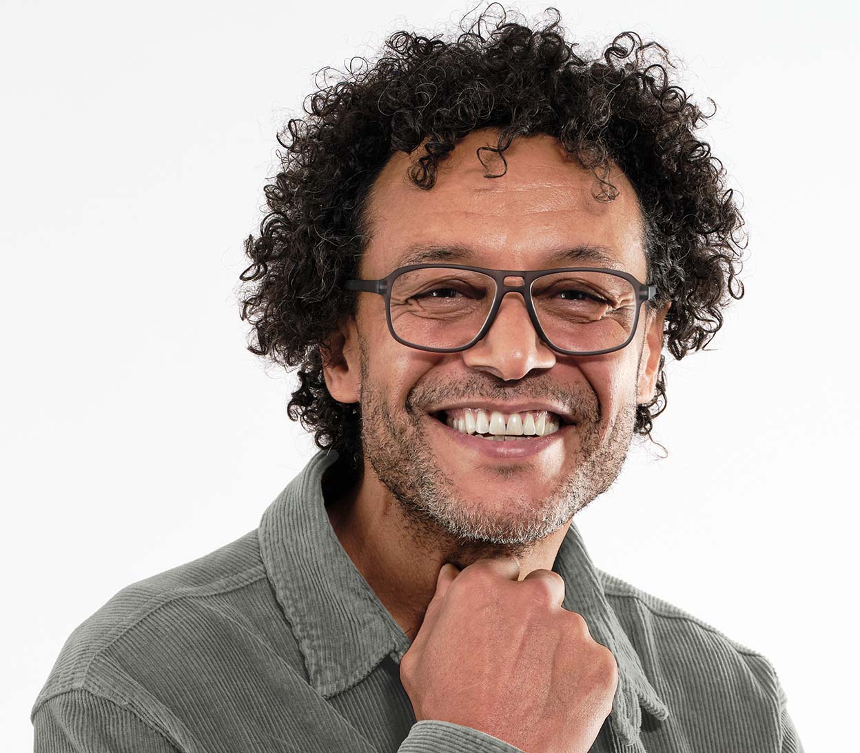 Male model wearing Magnum (Grey) oversized, aviator style unisex reading glasses with a soft touch finish.