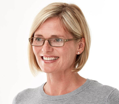 Female model wearing Action (Grey) unisex reading glasses. Classic shaped glasses with a smooth grey finish.