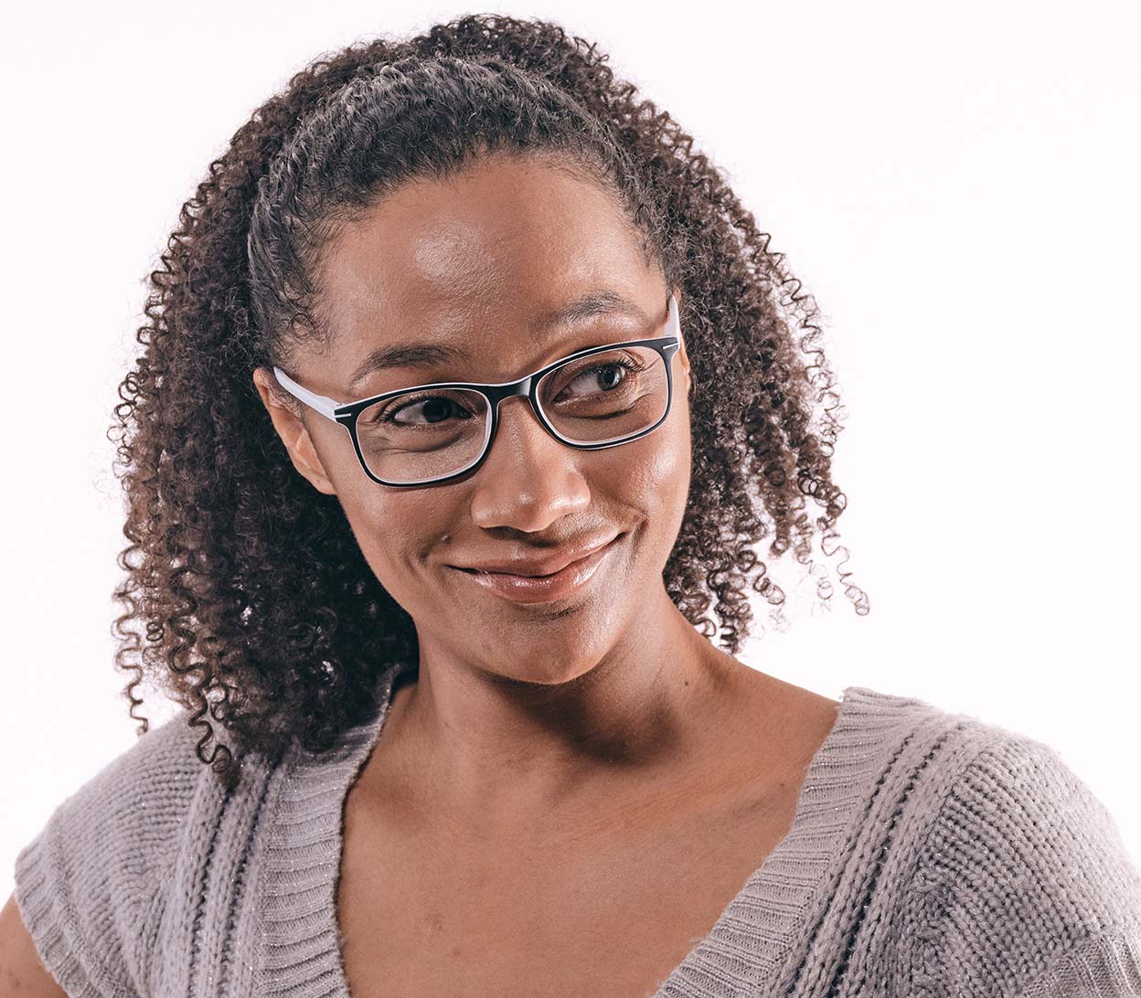 Female model wearing Jazz (White) classic shape reading glasses with rectangular lenses in a two tone black and white frame.