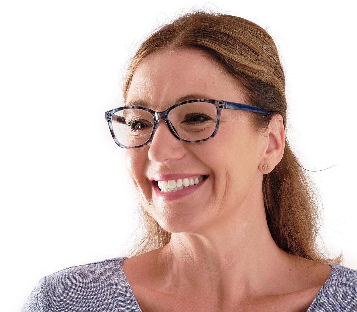 Female model wearing Courtney (Blue) women's cat eye shaped reading glasses with translucent blue frames.