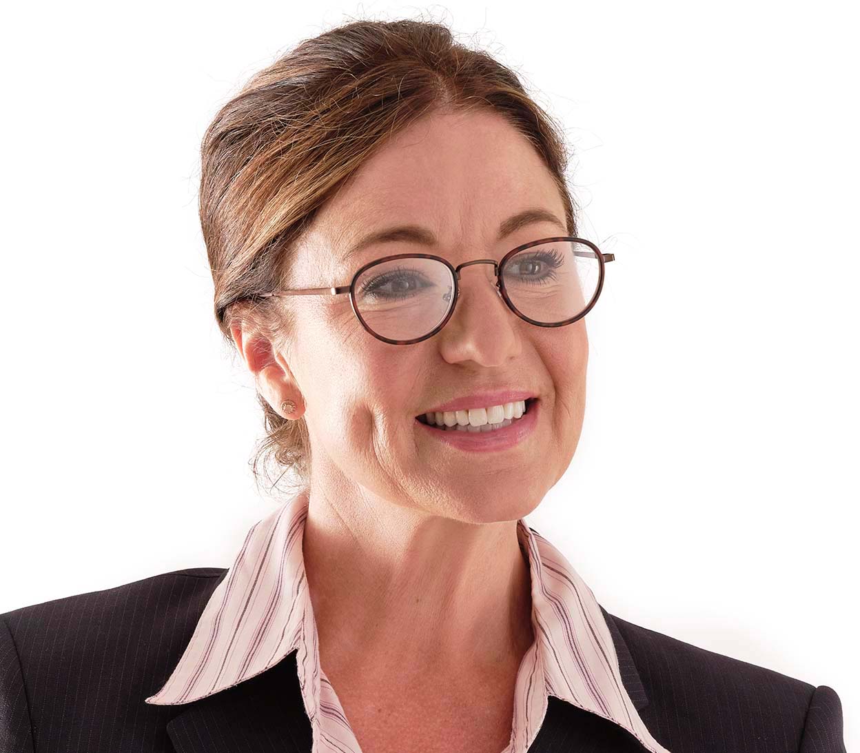 Female model wearing Windsor (Tortoiseshell) retro style unisex reading glasses with a round tortoiseshell and metal frame and bridge.