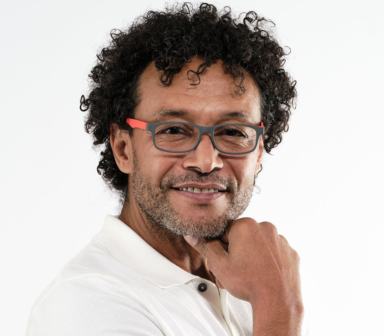 Male model wearing Bounce (Orange) unisex reading glasses with two tone, classic shape frame.