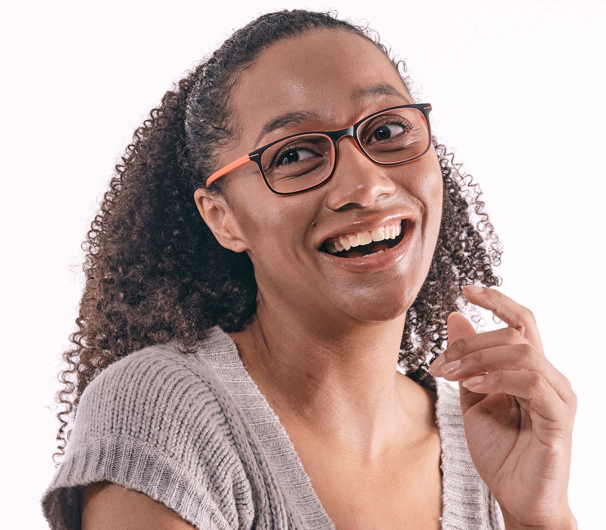 Female model wearing Jazz (Orange) classic shape reading glasses with rectangular lenses in a two tone orange and black frame.