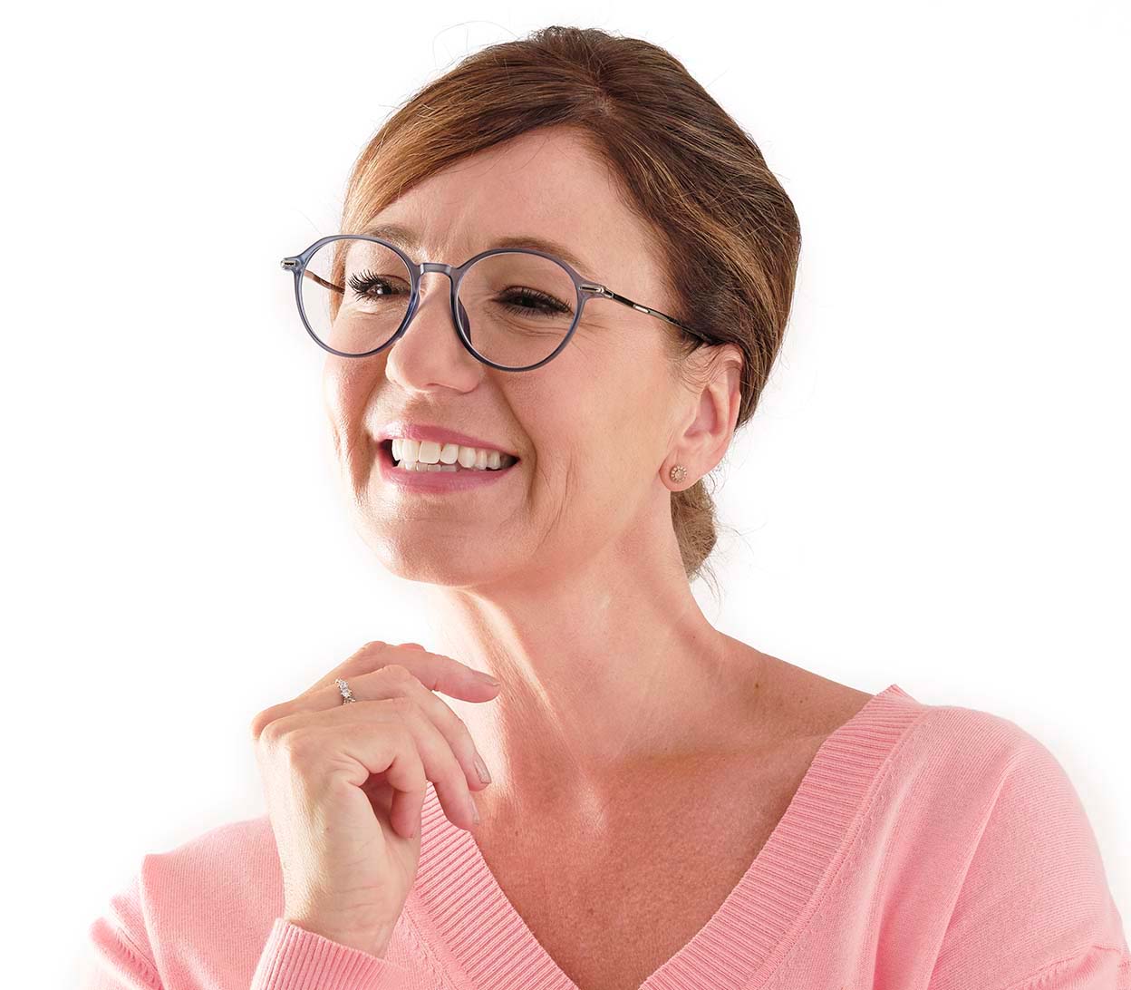 Female model wearing Halifax (Blue) retro unisex reading glasses with light blue frames and metal arms.