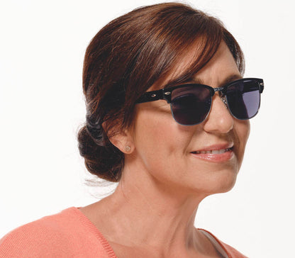 Mario (Black) clubmaster classic reading sunglasses with large grey tinted lenses. Side view.