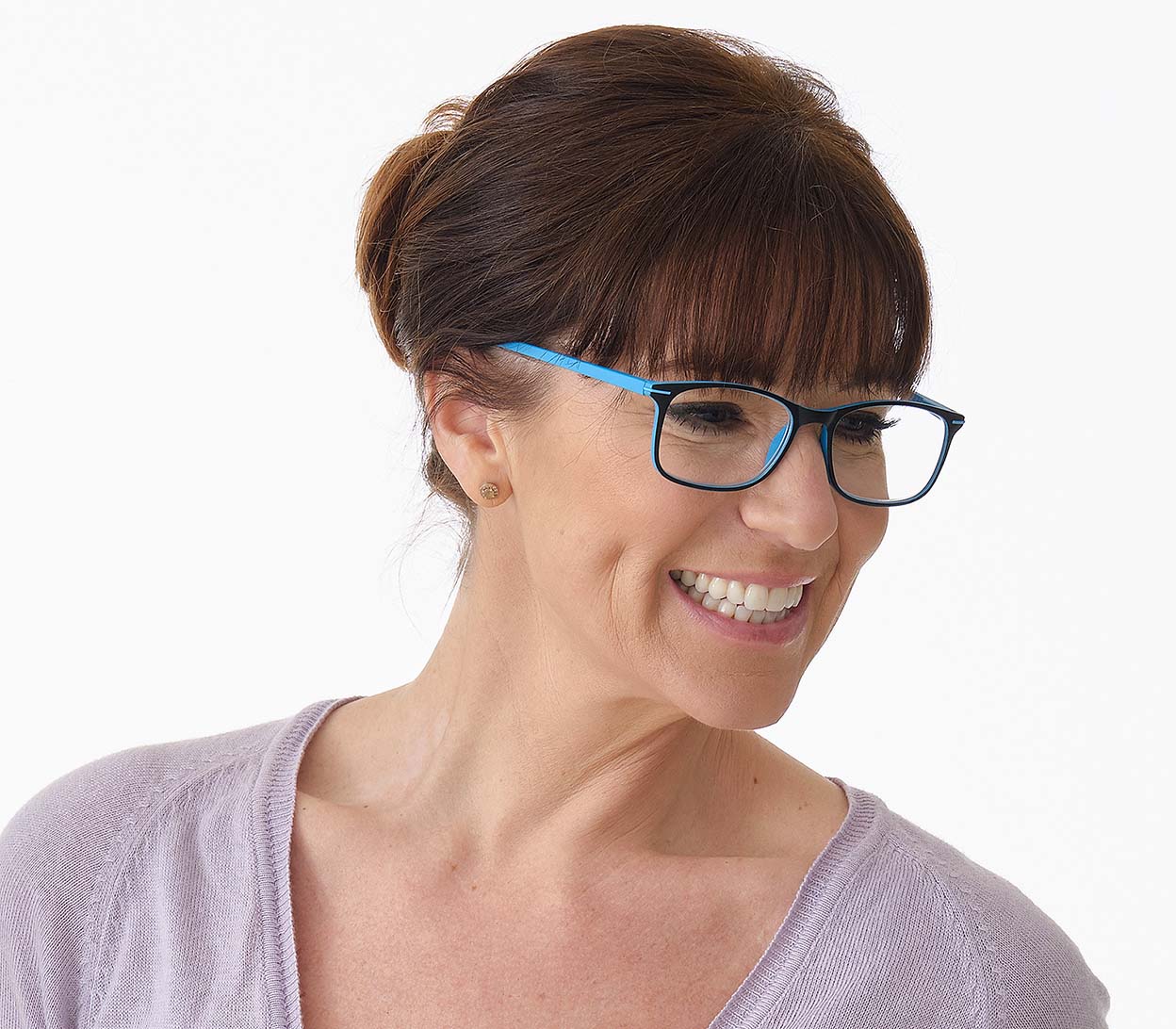 Female model wearing Jazz (Blue) classic shape reading glasses with rectangular lenses in a two tone blue and black frame.