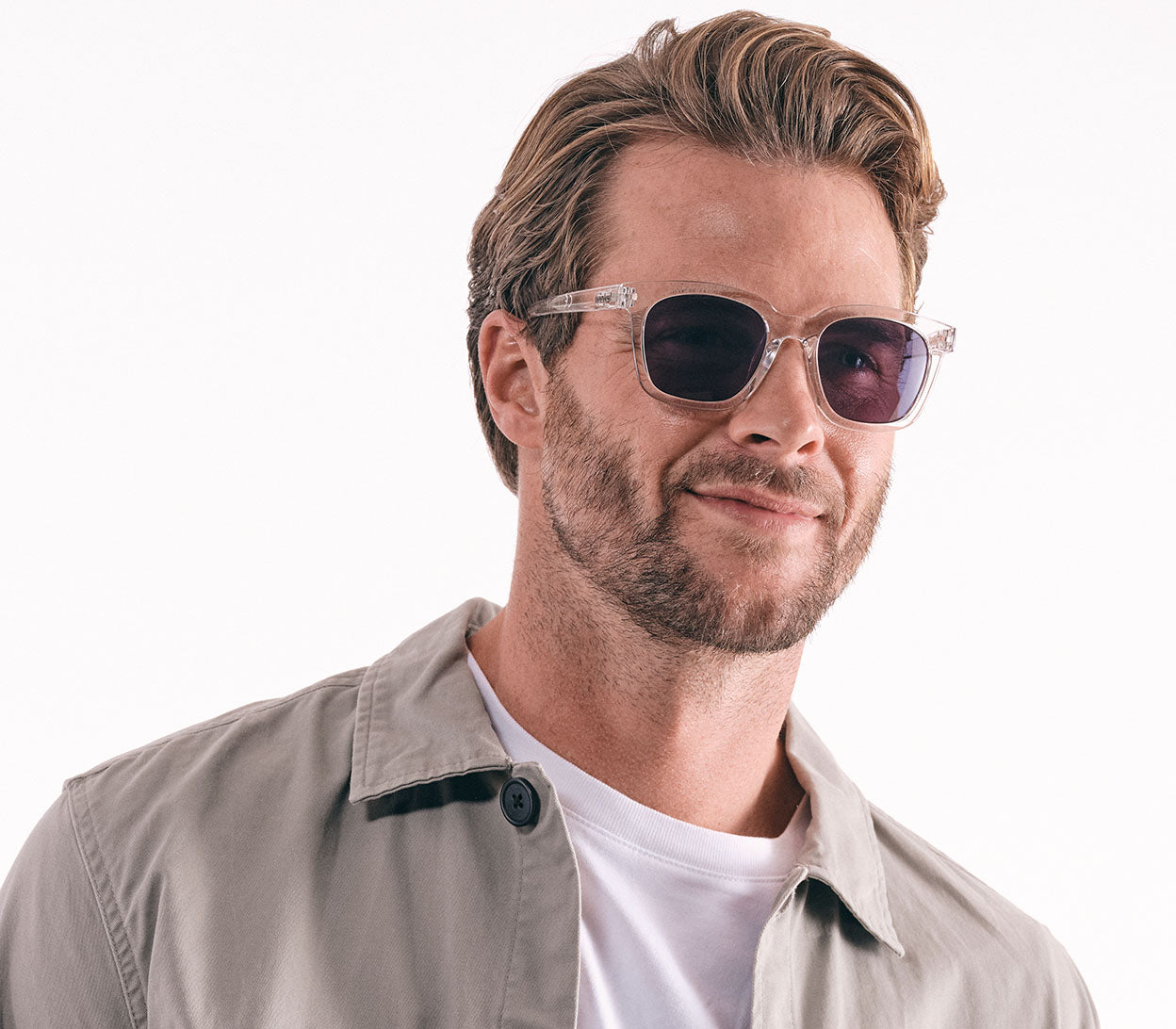 Pisa (Clear) large, oversized retro style, bifocal reading sunglasses. Clear frame and tinted smoke grey lenses. Side view.