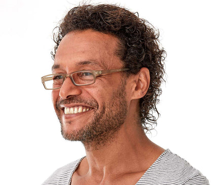 Male model wearing Action (Grey) unisex reading glasses. Classic shaped glasses with a smooth grey finish.