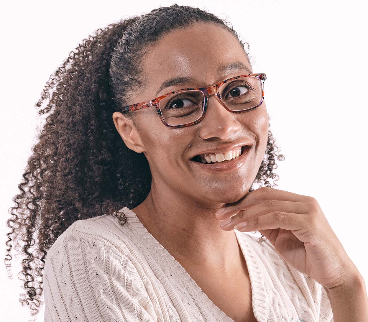 Female model wearing Dexter (Multi-coloured) classic shape unisex reading glasses with a translucent, glossy multicoloured frame.